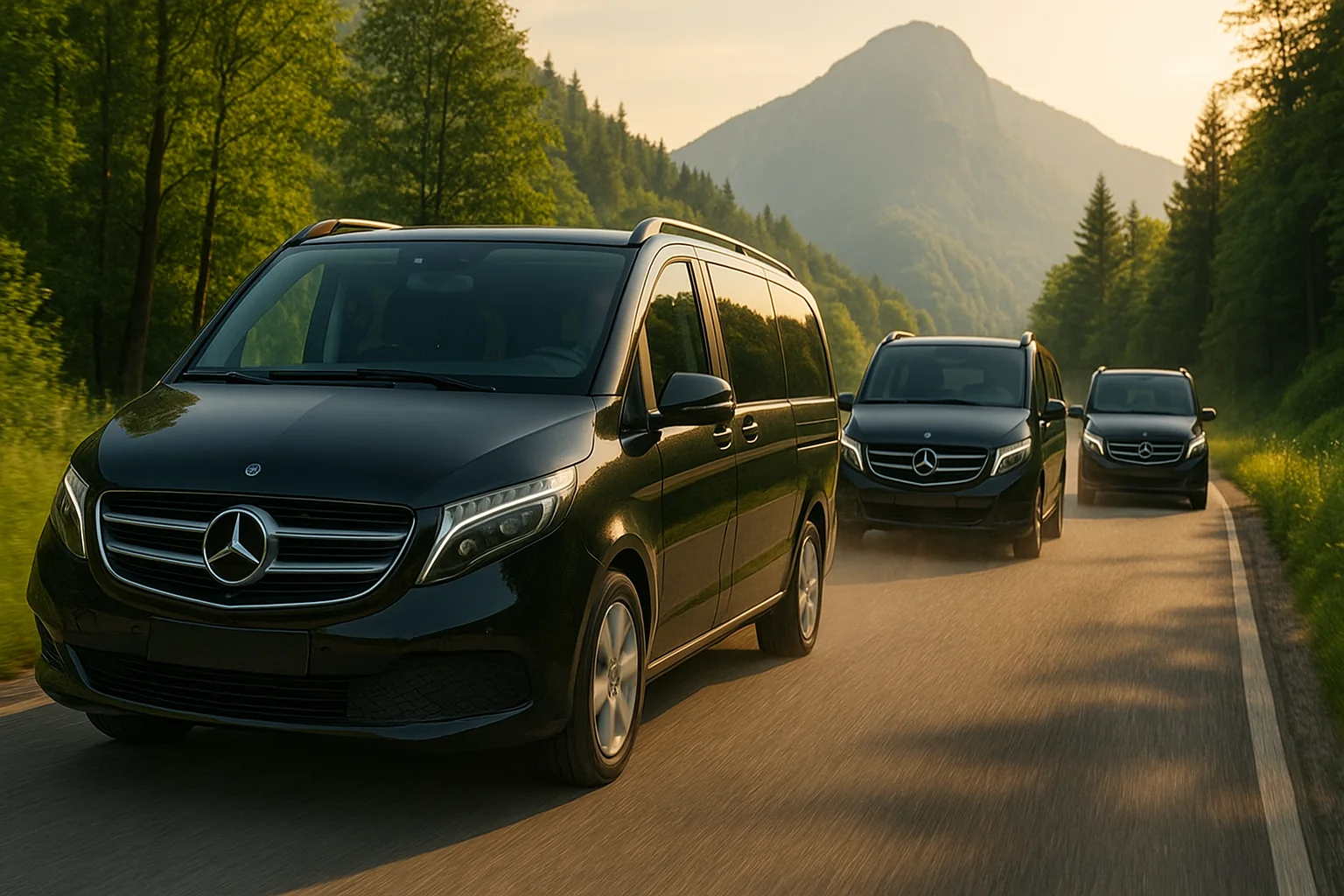Convoi de vans Mercedes sur une route de montagne