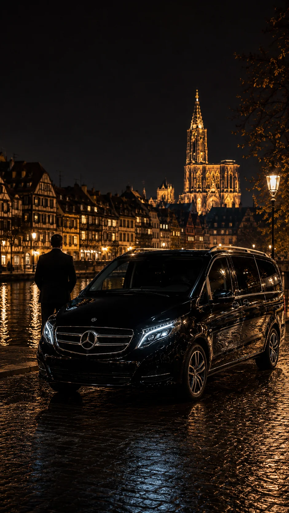 Van Mercedes avec chauffeur privé devant la cathédrale de Strasbourg la nuit